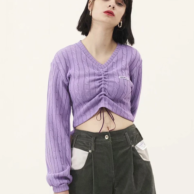 

Autumn 2019 Long Sleeve Striped Shirt Women Lace Up V Neck Sexy Top Bandage Solid Sweater for Women Clubwear Party Girl Tee