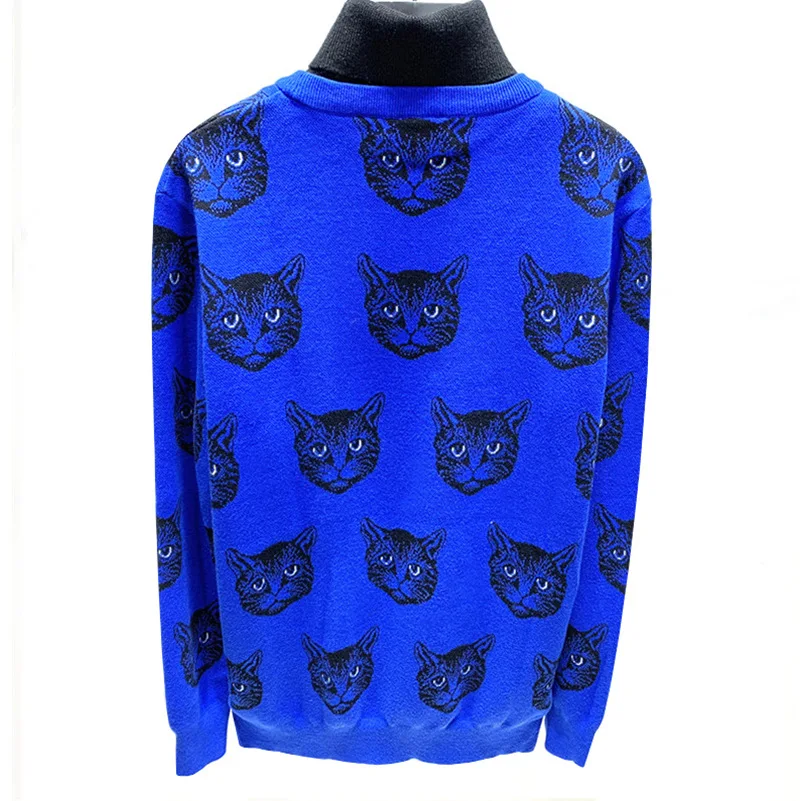 Мужская одежда, жаккардовый свитер с изображением кота, вязаный свитер, синий свитер с высоким воротом