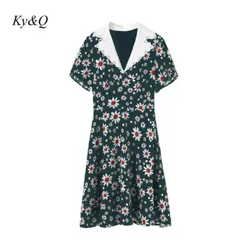 

2020 Summer Women Boho A-line Mini Dresses Sweet Daisy Print Short-sleeved Fashion Lapel Collar Party Dress Holoiday Clothes