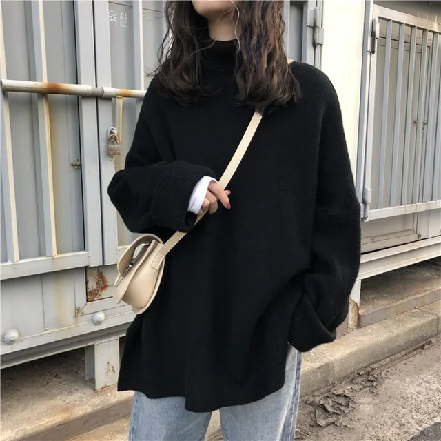 2021 Turtleneck Collar Sweater Women Spring Autumn Solid Knitting Pullovers Oversize Basic Black Blue White Jumper pull femme black