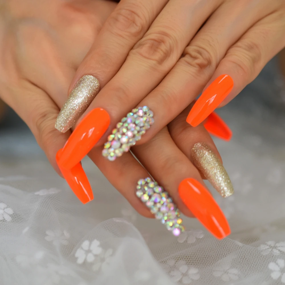 Bright Orange Yellow Color Fake Nails Ab Rhinestones Pure Butterfly Press On Nail European Fashion Artificial Nail Art False Nails Aliexpress