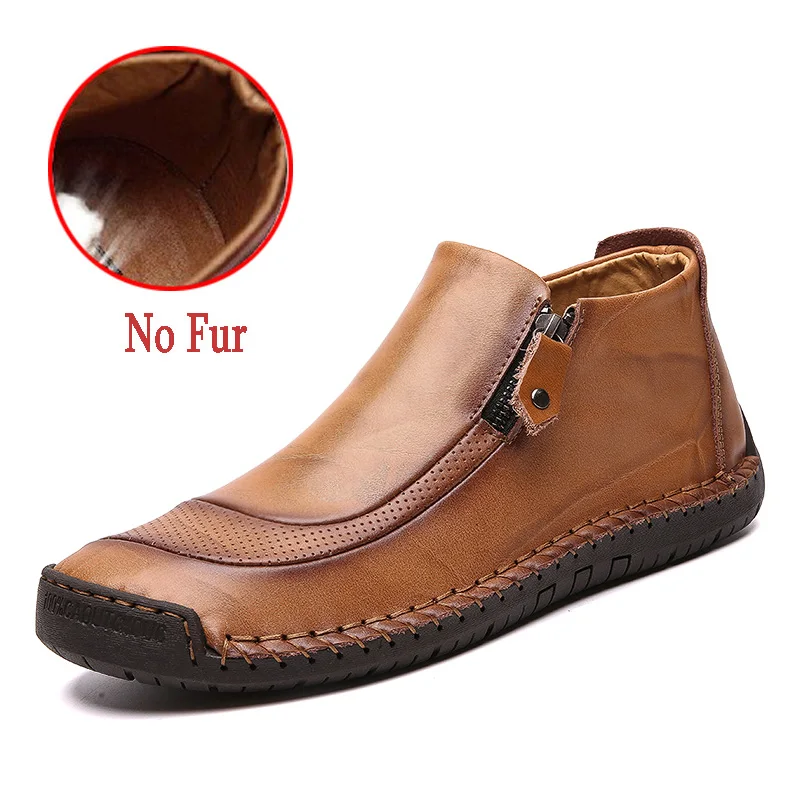 No Fur yellow brown Теплые мужские зимние ботинки теплые кожаные мужские Ботильоны Теплая мужская обувь на меху Осенняя Классическая обувь для вождения на молнии с плюшевой подкладкой Большие размеры - Цвет: No Fur yellow brown