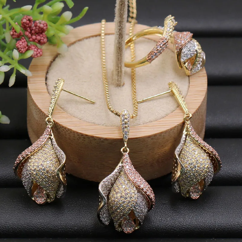 

Zlxgirl Abstract Geometry Pattern rose flower Necklace with Earrings for Woman Engagement Sandblasting Popular Luxury Best Gifts