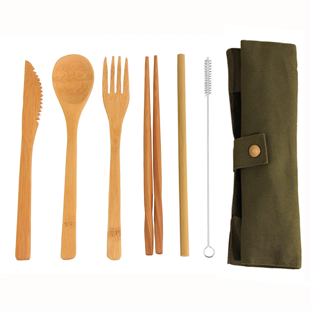 7 шт. творческий нож вилка, ложка, посуда бамбуковая солома набор деревянных столовых приборов тканевая сумка набор посуды палочки для еды кухонные вещи - Цвет: Green