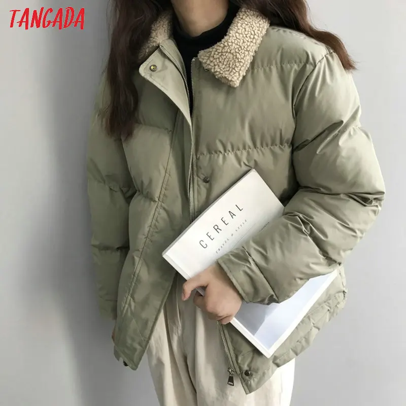 Tangada Women Solid Oversize Parkas Thick Feather turn down collar Zipper Pockets Female Warm Winter Coat ATC08