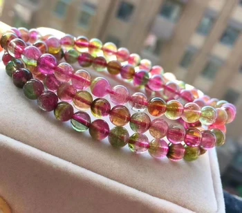 

Certificate Natural Colorful Tourmaline Quartz Watermelon Bracelet 6.1mm 3 Laps Clear Round Beads Women Necklace AAAAAA