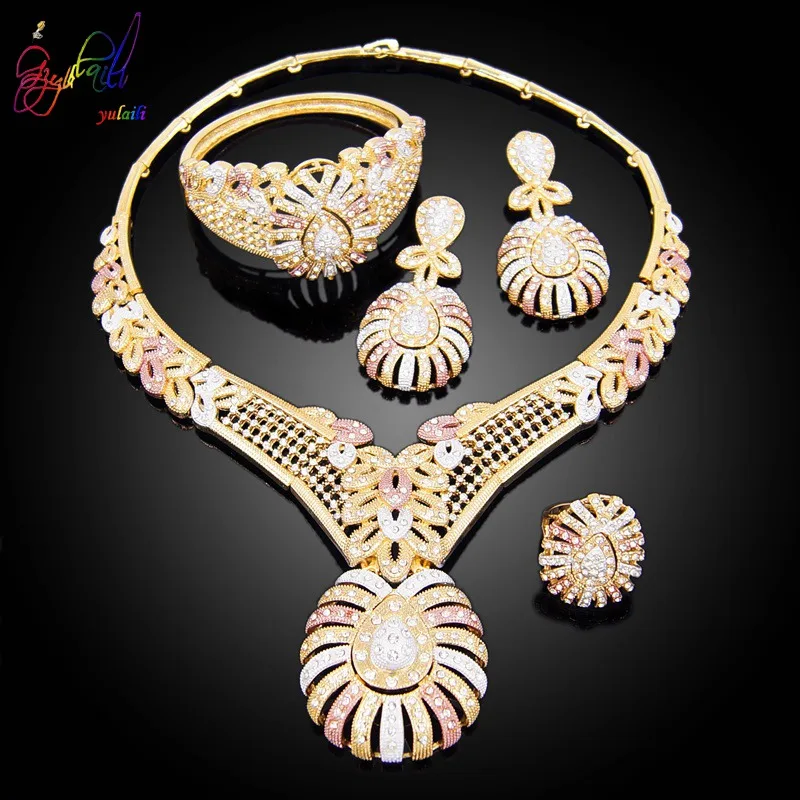 Yulaili новые роскошные Дубай ювелирные наборы Африканское ожерелье с подвеской из кристаллов в виде цветка серьги-гвоздики для женщин события Свадебные аксессуары