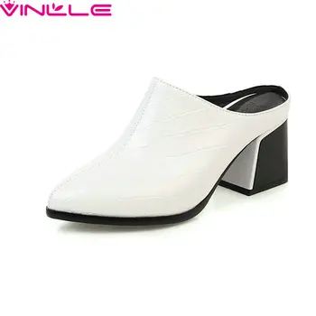 

VINLLE 2020 Pointed Toe Fashion Women Pumps PU Leather Summer Slip on Ladies Shoes Square Heel Slingback Sandals Big Size 34-43