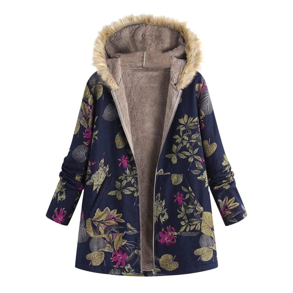 KANCOOLD, осенне-зимнее теплое Женское пальто, винтажная куртка с цветочным принтом, карманами и капюшоном, верхняя одежда из флока размера плюс S-5XL