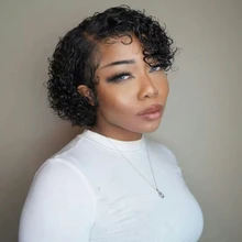 Pelucas de encaje frontal de corte pixie Bob, 150, 180, 250%, rizado, cabello humano con cierre de encaje Remy prearrancado