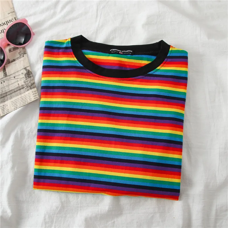 Minimalist Short Sleeve Women clothes Vogue Tops tee shirt couple clothes tshirt top Sweet Rainbow Stripe Women Summer T-Shirt