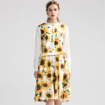 

2019 New Autumn Fashion Runway Set Women's Elegant Lilies Flower Printed Patchwork Wool Tops+Printed Skirts 2 pcs Skirt Sets