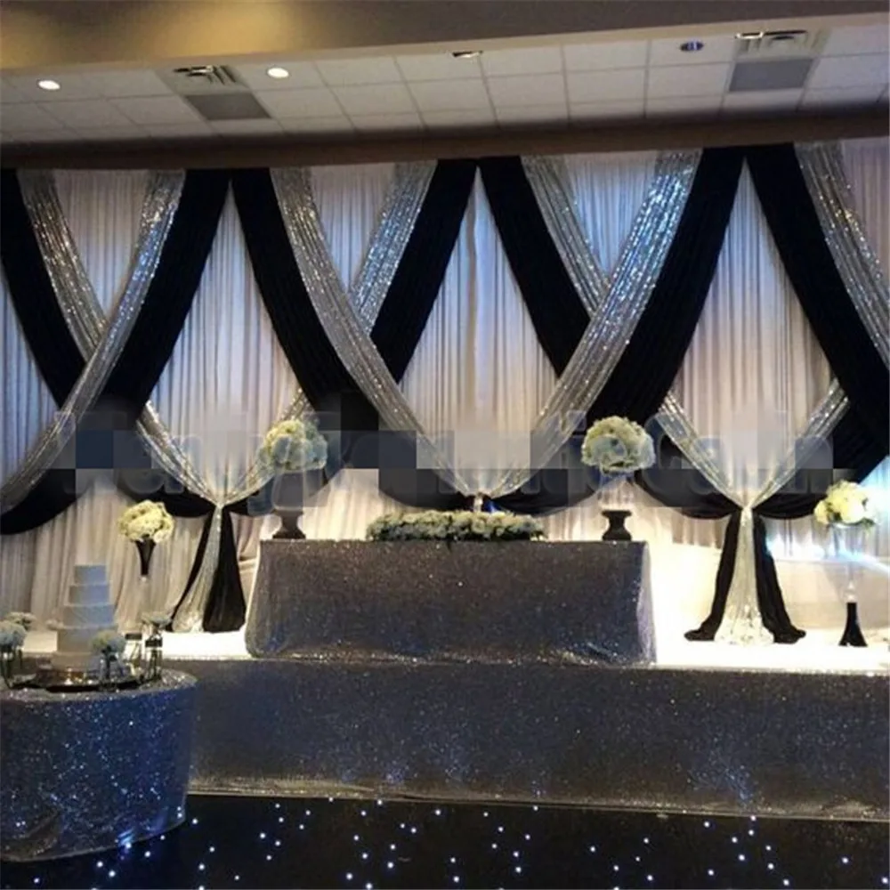 

10ftx20ft Black White Wedding Backdrop Curtain with silver sequin stage swag Wedding Photo Booth Backdrops Party Christmas Decor