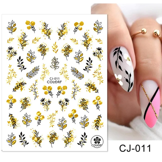 1PC Lines Maple Leaves Nail Foil Stickers Autumn Gold Flower Leaves Transfer Decals Slider Nails Art Decoration DIY Manicures CJ-011