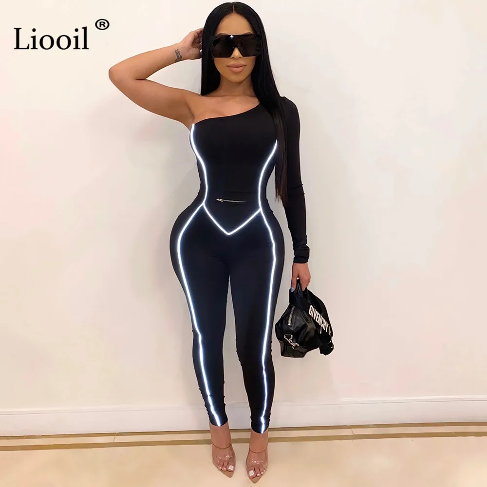 Liooil на одно плечо Светоотражающие полосатые сексуальные комбинезоны для женщин с длинным рукавом Вечерние Клубные комбинезоны, обтягивающие боди черные комбинезоны