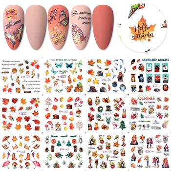 

12 Designs Big Sheet Antumn Maple Leaf Water Decals Colorful Butterfly Masked Girl Nail Sticker Sliders DIY Nail Art Decorarion