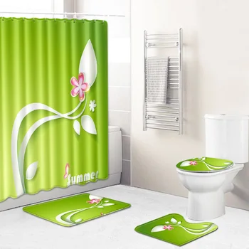 

The Abstract Pattern Shower Curtain with Bath Mat Anti-slip Bathroom Rug Carpet 3D Partition Curtain + Hooks Toillete Seat Cover