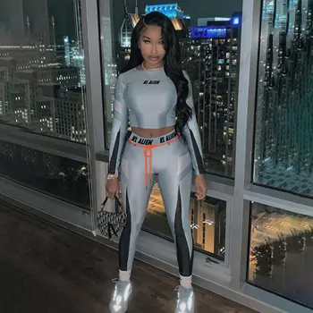 

Sportswear Suit Print Letter Fitness Tracksuit Woman Skinny Long Sleeves Crop Top Slim Leggings Outfit Femme Clothing