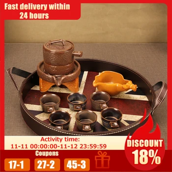

Round Retro Leather Storage Tray Multifunction European Coffee Table Fruit Cup Water Tea Cup Plate Necklace Decorative Trays