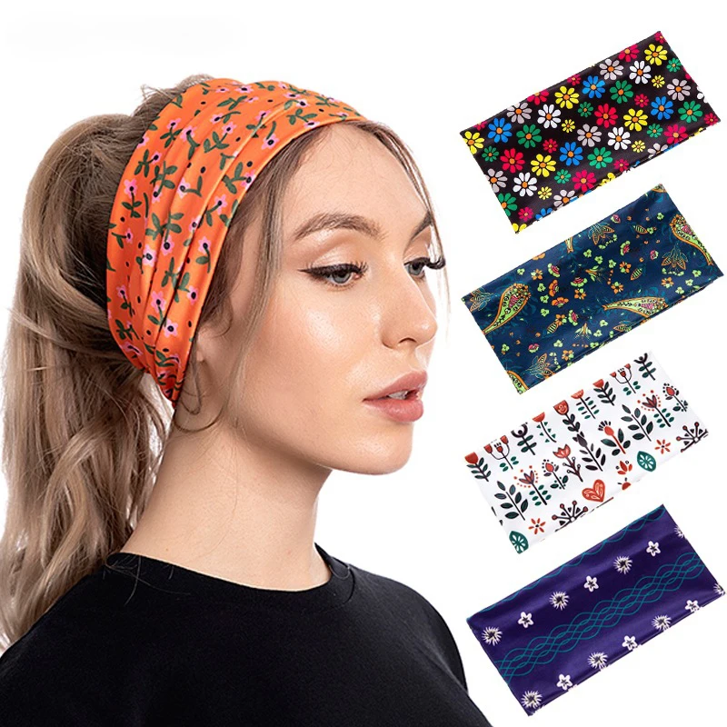 Fashion Print Wide Headband Elastic Yoga Sports Hair Bands Running Fitness Sweatband Headwear Women Hair Accessories