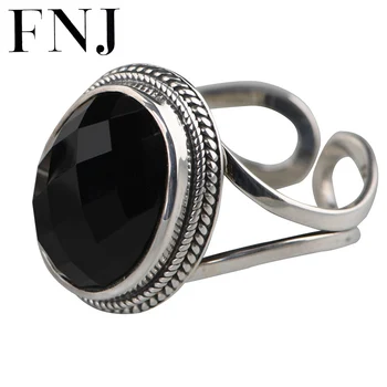 

FNJ Statement Rings 925 Silver Adjustable Size Original 100% Real S925 Solid Silver Ring for Women Natural Black Red Agate