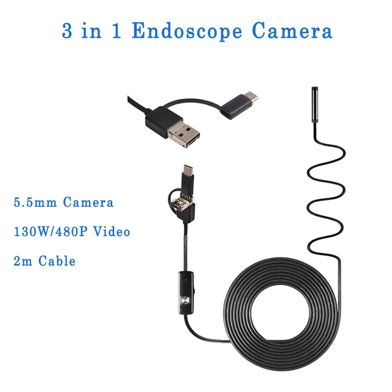

3 in 1Endoscope Camera 5.5MM hard/soft 1/2/5M Cable IP67 Waterproof Snake Camera With 6 Led for Windows PC Android IOS Endoscope