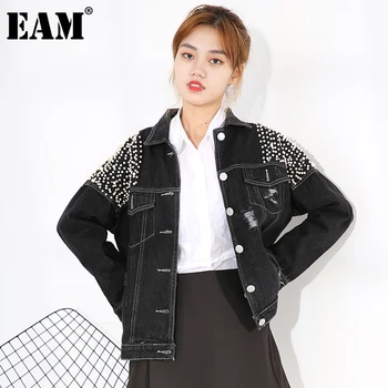 

[EAM] Loose Fit Black Nailed Stitch Denim Short Jacket New Lapel Long Sleeve Women Coat Fashion Tide Spring Autumn 2020 HAA801