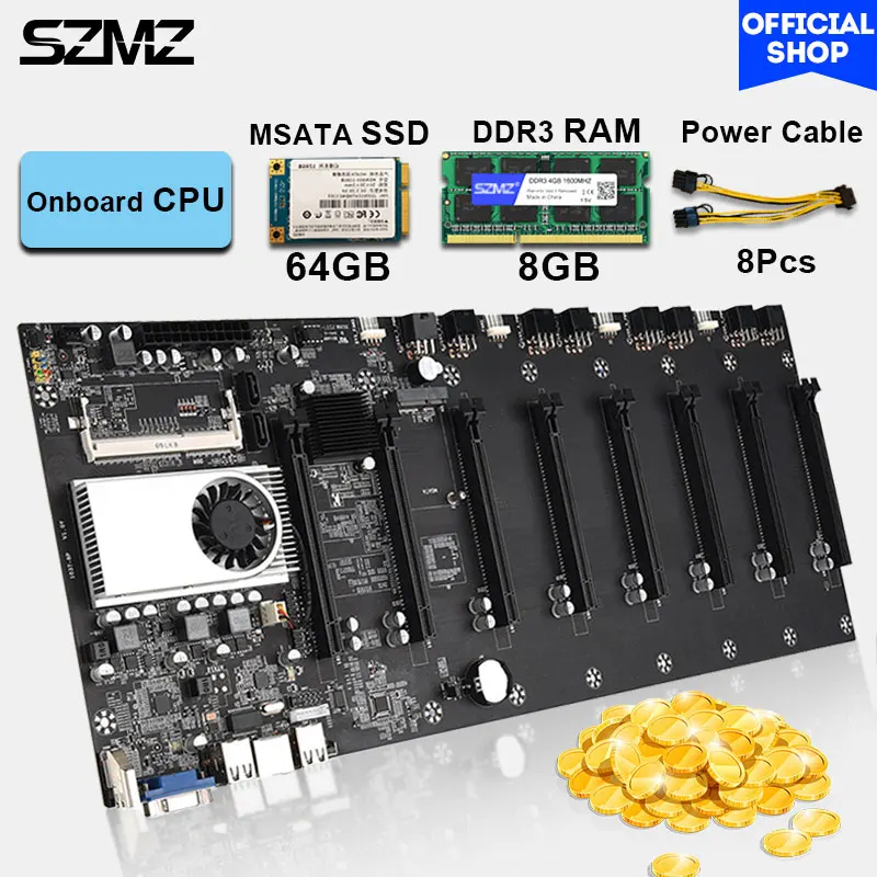 Szmz Mining Rig Motherboard Eth Combo 8 Gpu With Onboard Cpu + 64gb