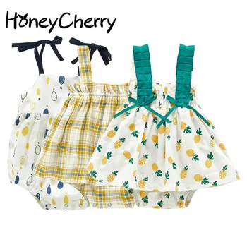 

Summer Baby Bodysuit Baby Girl's Pineapple Halter Skirt With Fart Flower Retro Plaid Skirt Creeper Bodysuit