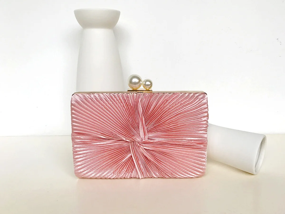 Luxy Moon Pink Pleated Velvet Clutch Bag Front View