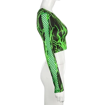 

Neon Green Lightning Print Sexy One Shoulder Top T Shirts Women Fishnet Long Sleeve Cropped Tshirt Rave Club Streetwear