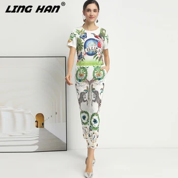 

LINGHAN Designer 2020 Spring Summer Women 2 Piece Set Bead Print Short Sleeve Short Blouse + Pencil Pants Female New Suit