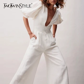 

TWOTWINSTYLE Casual Ruched Lace Up Jumpsuit Female V Neck Lantern Half Sleeve High Waist Flare Pants Women's Jumpsuits 2020 Tide