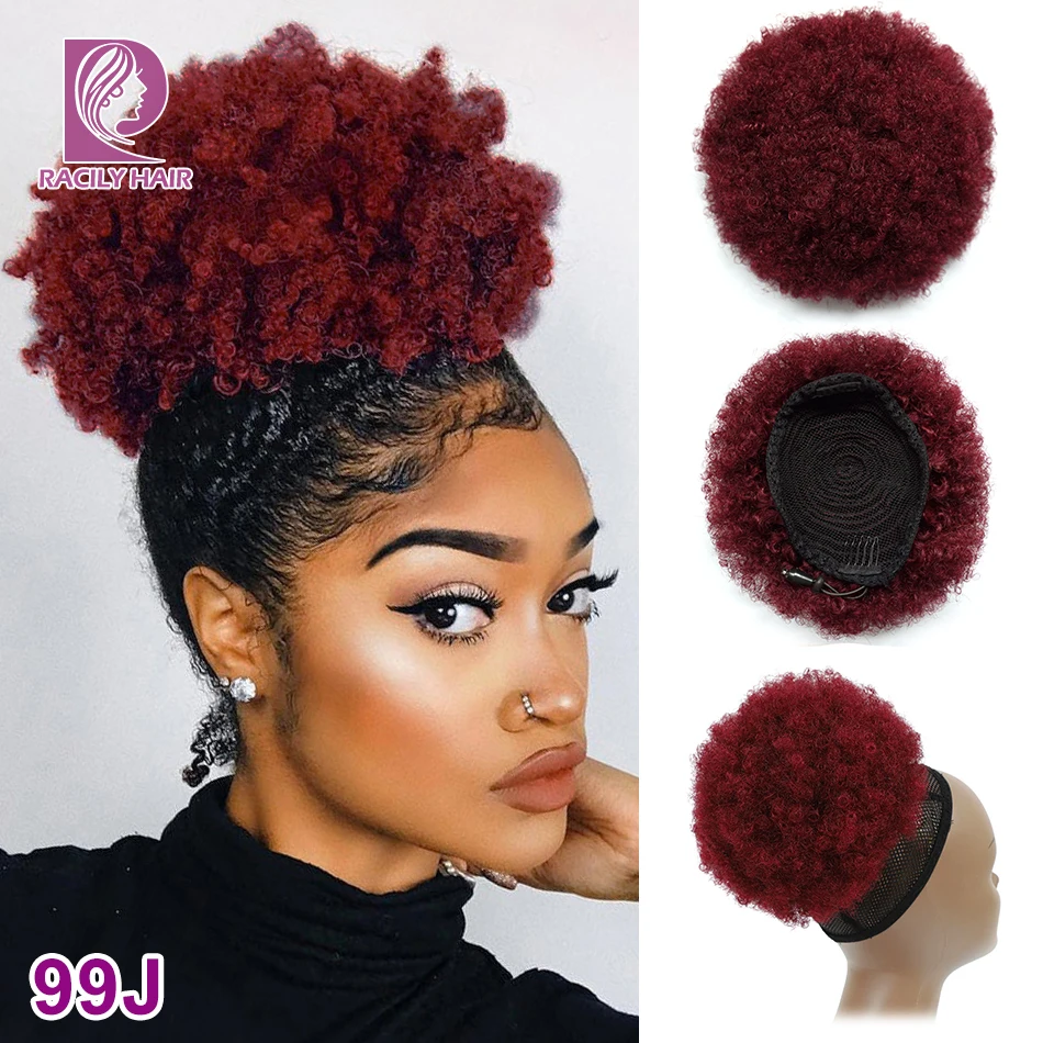 Racily Hair Afro Puff Drawstring Ponytail Human Hair Brazilian Short Curly Drawstring Ponytail Afro Puff Bun Chignon Accessories human hair extensions