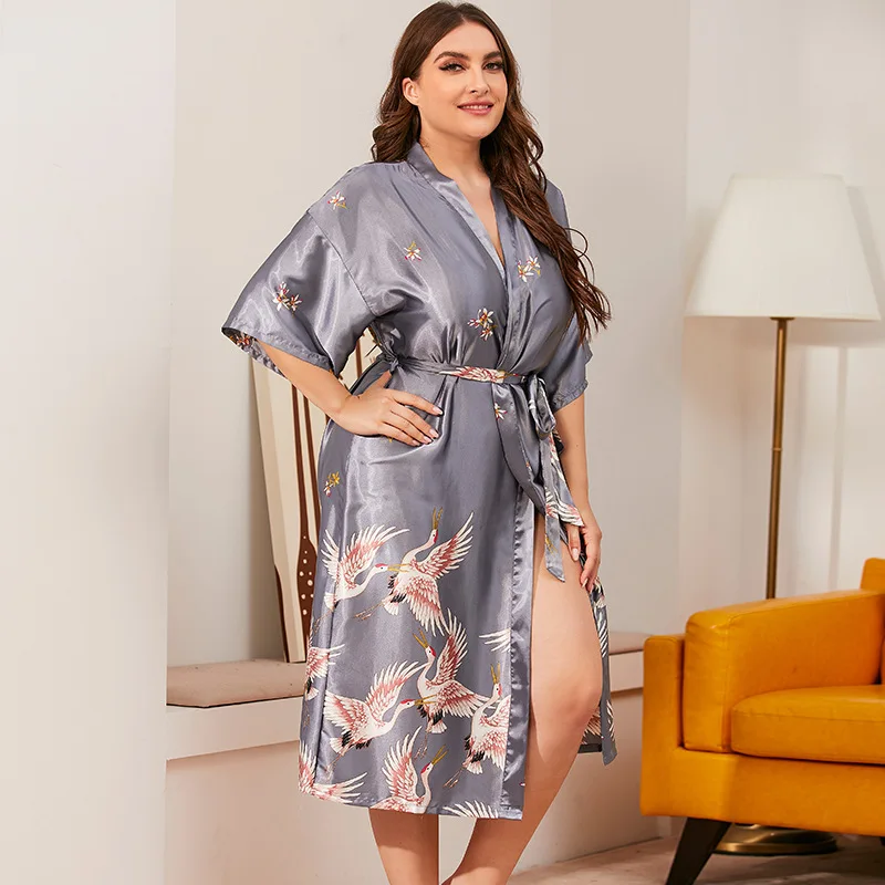 XL fashion women's nightgown bathrobe printing design women's ice silk nightdress summer pajamas nightgown