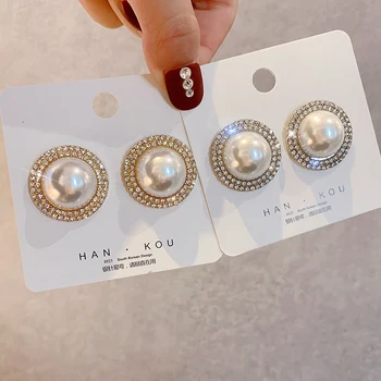 Gold&Silver Color Round Imitation Pearls Stud Earrings for Woman Luxury Crystal Earrings Female Beads Stud Earring