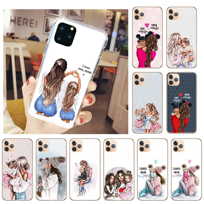 Black Brown Hair Baby Mom Girl Son Phone Cover for IPhone 11 12 Pro Max X XS XR 7 6S 8 Plus 5S SE2 12mini Soft Clear Case Funda