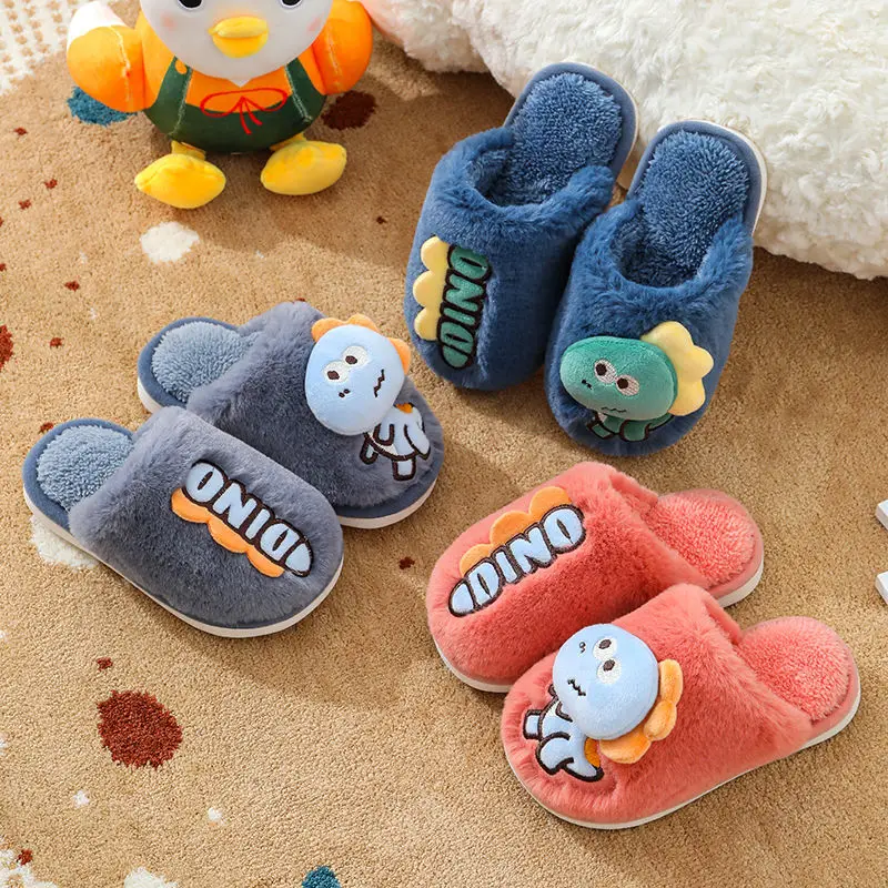 Children's Cotton Slippers Winter Soft Bottom Home Cartoon Cute Dinosaur Fur Shoes Boys Baby Cotton Slippers Indoor Slippers autumn winter non slip warm children slippers indoor cartoon dinosaur girl shoes soft sole baby boys fuzzy slip on home slippers