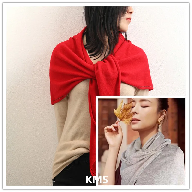 

KMS Knitted Cashmere Triangle Scarf Shawl with hot diamonds for ladies autumn and winter scarf small scarf shawl 72*158CM/108G