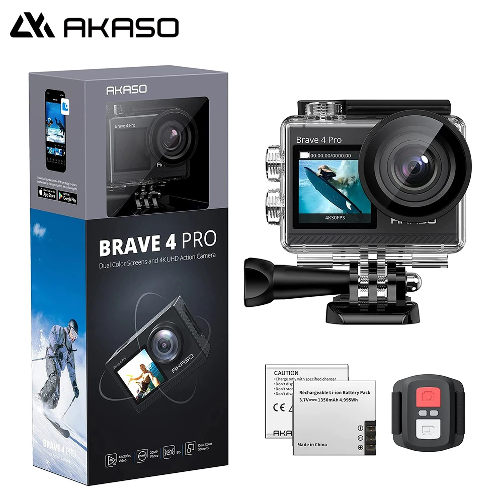 AKASO 4K30FPS Action Camera Brave 4 Pro WiFi Dual Screen 20MP Helmet Camera Underwater Waterproof Sports Camera 5X Zoom Vlog Cam