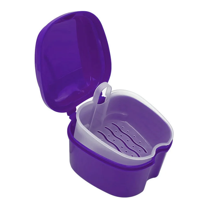 Denture Bath Box Case Portable Plastic Dental False Teeth Storage Box with Hanging Net Container Clean Denture Accessories 