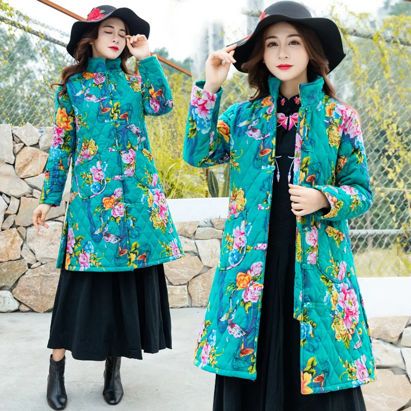 

Photo Shoot Ethnic-Style WOMEN'S Dress 2018 Winter Style Cotton Linen Warm Stand Collar Frog Northeast Printed Cotton Coat J8832