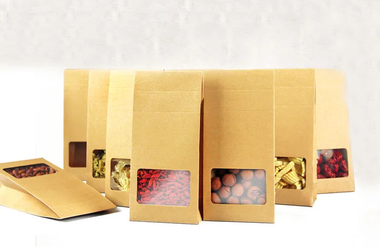 

10*23.5*6cm 50pcs Quality packaging Kraft paper Stand Up bag Food Square window box Bags of nuts/Tea/Cake/Cookies/Coffee bags