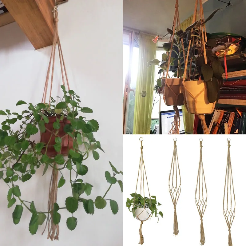 90-122cm Handmade Flower Pot Net Bag Braided Home Vintage Decor Plant Hanging Basket Knotted Rope Garden Plant Hanger Pot Tray