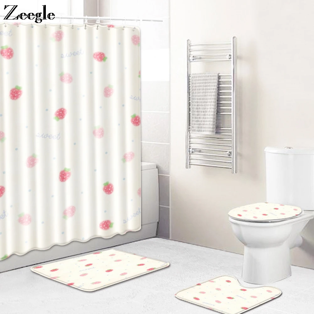 Zeegle 4PCS Bath Mat Waterproof Shower Curtain Flannel Soft Toilet Seat Cover Anti-slip Shower Rug Toilet Pedestal Rug Foot Mat