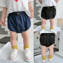 Летняя детская одежда; треугольные Трусы-шорты из стиранной джинсовой ткани в Корейском стиле; детские брюки с большим низом для мужчин и женщин