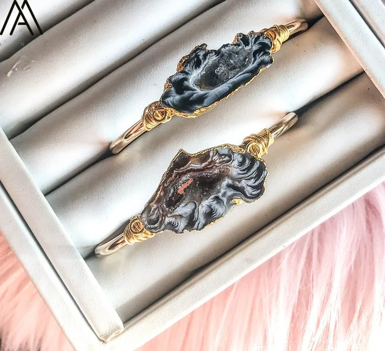 Природный Друза жеоды Открытый браслет Женщины плиты Drusy агата бусины проволока