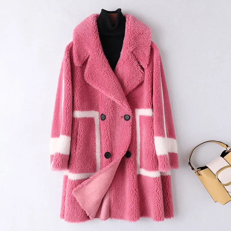 

2019 Real Composite Shearling Lamb Fur Coat Women Genuine Wool Fur Coats with Faux Suede Leather Liner outerwear T574