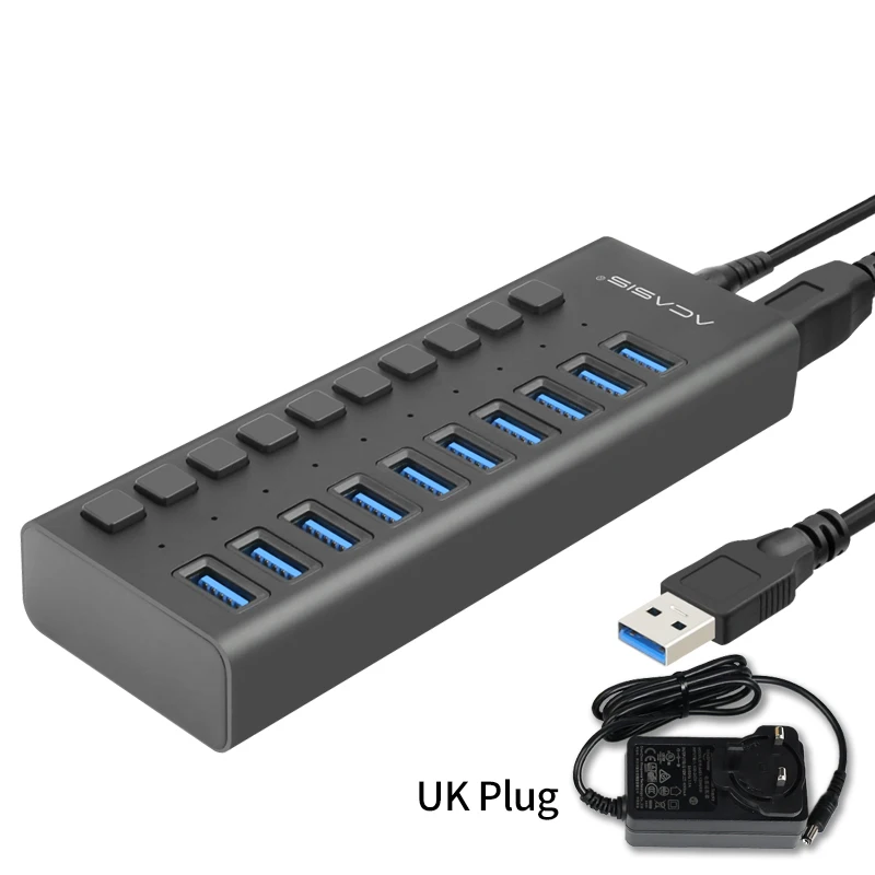 UK Aluminum Black Usb-хаб Зарядное устройство 10 Порты USB 3,0/USB C Hub10 Порты мульти разъемом 12 V/4A быстро Зарядное устройство по стандартам ЕС/США Мощность адаптер для Macbook Pro PC - Цвет: UK Aluminum Black