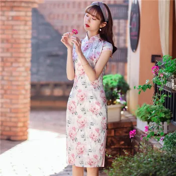 

Satin Short Cheongsam Large Size 3XL 4XL Women Chinese Traditional Formal Party Dress Vintage High Split Qipao Vestidos